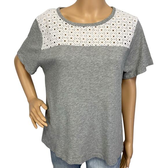 2/$15 J. Crew Eyelet Yoke Cotton Top Gray White Short Sleeve AO921 Size XL - Picture 2 of 8